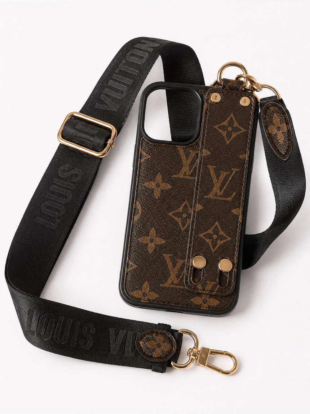 Custom LV Monogram Crossbody iPhone Case w/ Adjustable Logo Strap, Brown Black